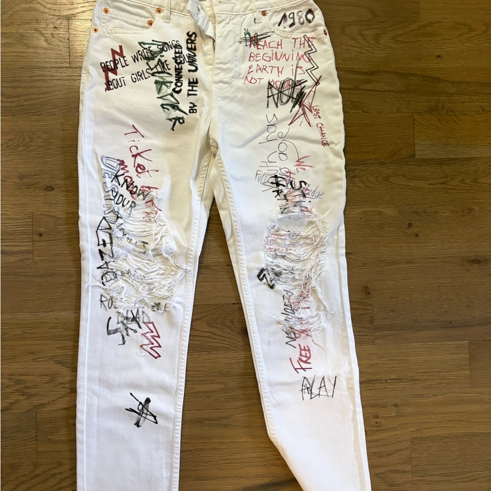 IRO White Skinny Jeans with Multicolor Graffiti & Distressed Knees